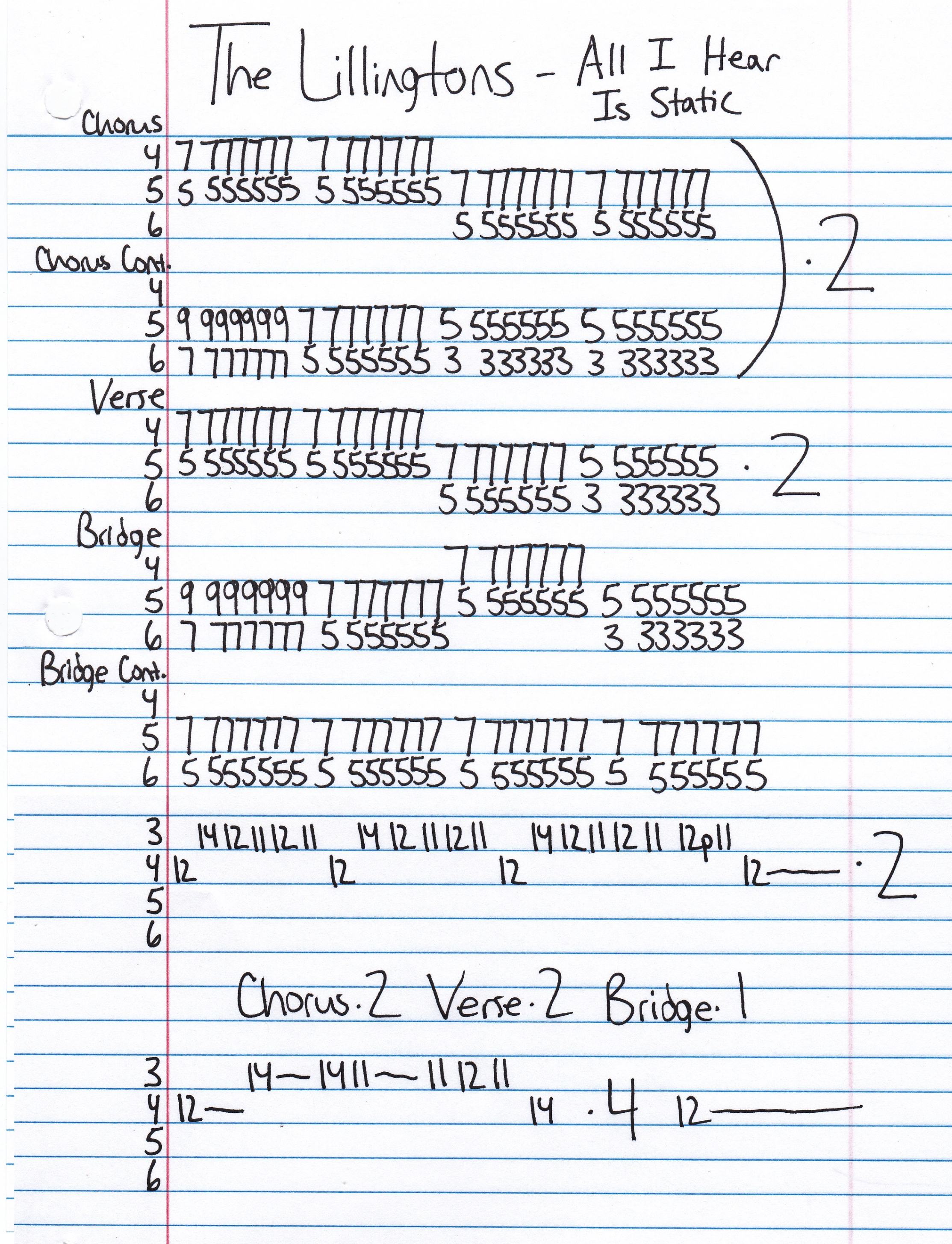 High quality guitar tab for All I Hear Is Static by The Lillingtons off of the album The Too Late Show. ***Complete and accurate guitar tab!***